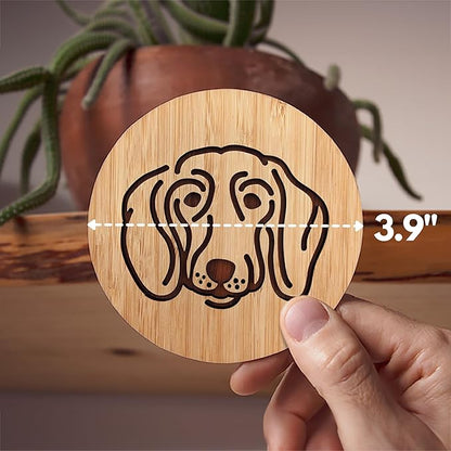 Set of 6 Bamboo Coasters with Holder - 3.9 Inch Fun Dog Coasters - Non-Stick Absorbent Engraved Laser-Cut - Durable, Washable (Dachshund)