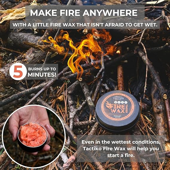 Tactiko Fire Wax - Burns Up to 5 Minutes, 50 Uses, 60g - Perfect for Wet Wood - Compact, Water & Wind Resistant - Camping Gear, Survival Kit, Hikers, Emergency Use - U.S. Company
