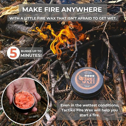 Tactiko Fire Wax - Burns Up to 5 Minutes, 50 Uses, 60g - Perfect for Wet Wood - Compact, Water & Wind Resistant - Camping Gear, Survival Kit, Hikers, Emergency Use - U.S. Company
