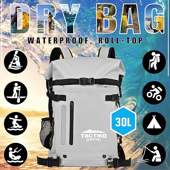 Tactiko Survival 30L Heavy-Duty 100% Waterproof Backpack - Equipment Pocket, Carabiner - Roll Top Floating Dry Bags (Light Gray)
