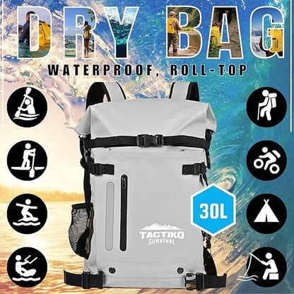 Tactiko Survival 30L Heavy-Duty 100% Waterproof Backpack - Equipment Pocket, Carabiner - Roll Top Floating Dry Bags (Light Gray)
