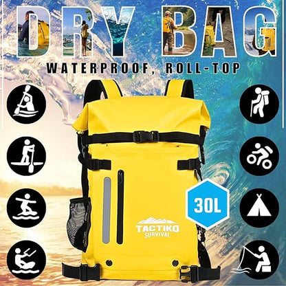 Tactiko Survival 30L Heavy-Duty 100% Waterproof Backpack - Dry Roll-Top Floating Backpack - Rip-Stop Tarpaulin - Comfortable Padded Shoulders & Back - Waist Strap - Large Utility Pocket, Carabiner (Yellow)