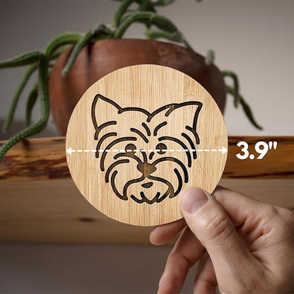 Set of 6 Bamboo Coasters with Holder - 3.9 Inch Fun Dog Coasters - Non-Stick Absorbent Engraved Laser-Cut - Durable, Washable (Yorkie)