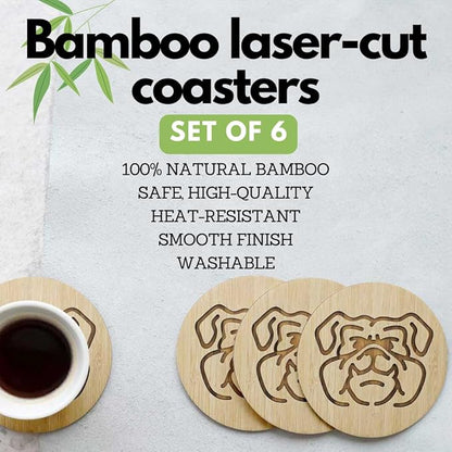 Set of 6 Bamboo Coasters with Holder - 3.9 Inch Fun Dog Coasters - Non-Stick Absorbent Engraved Laser-Cut - Durable, Washable (Bulldog)