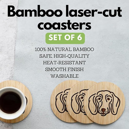Set of 6 Bamboo Coasters with Holder - 3.9 Inch Fun Dog Coasters - Non-Stick Absorbent Engraved Laser-Cut - Durable, Washable (Dachshund)