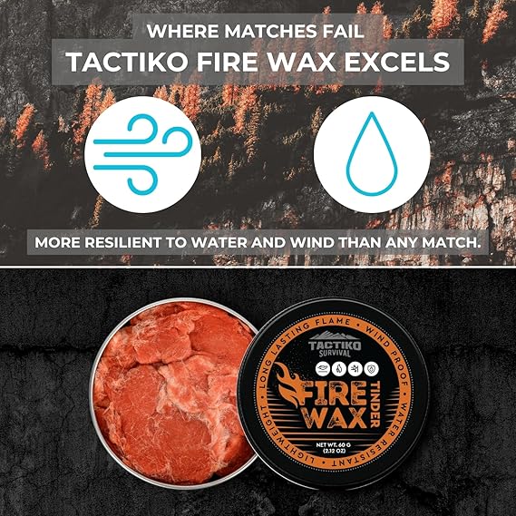 Tactiko Fire Wax - Burns Up to 5 Minutes, 50 Uses, 60g - Perfect for Wet Wood - Compact, Water & Wind Resistant - Camping Gear, Survival Kit, Hikers, Emergency Use - U.S. Company