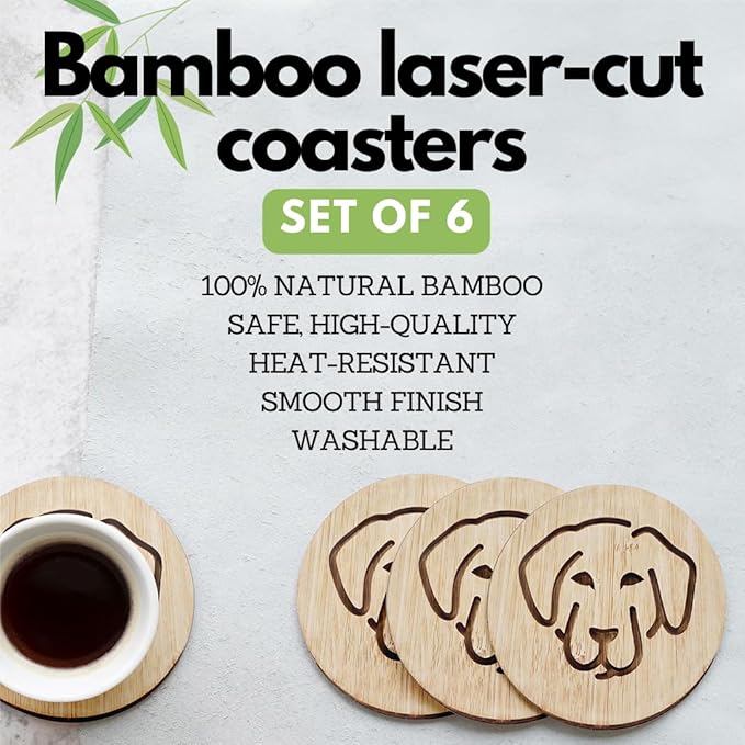 Set of 6 Bamboo Coasters with Holder - 3.9 Inch Fun Dog Coasters - Non-Stick Absorbent Engraved Laser-Cut - Durable, Washable (Labrador)