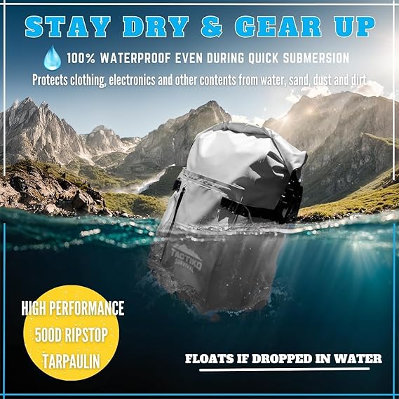 Tactiko Survival 30L Heavy-Duty 100% Waterproof Backpack - Equipment Pocket, Carabiner - Roll Top Floating Dry Bags (Light Gray)