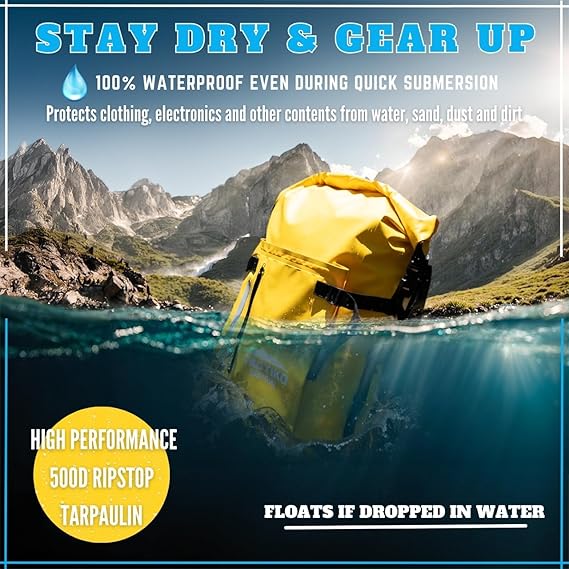 Tactiko Survival 30L Heavy-Duty 100% Waterproof Backpack - Dry Roll-Top Floating Backpack - Rip-Stop Tarpaulin - Comfortable Padded Shoulders & Back - Waist Strap - Large Utility Pocket, Carabiner (Yellow)