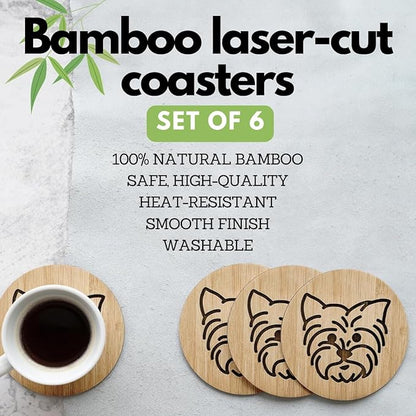 Set of 6 Bamboo Coasters with Holder - 3.9 Inch Fun Dog Coasters - Non-Stick Absorbent Engraved Laser-Cut - Durable, Washable (Yorkie)