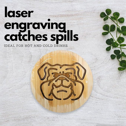 Set of 6 Bamboo Coasters with Holder - 3.9 Inch Fun Dog Coasters - Non-Stick Absorbent Engraved Laser-Cut - Durable, Washable (Bulldog)