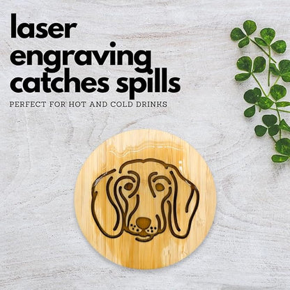 Set of 6 Bamboo Coasters with Holder - 3.9 Inch Fun Dog Coasters - Non-Stick Absorbent Engraved Laser-Cut - Durable, Washable (Dachshund)