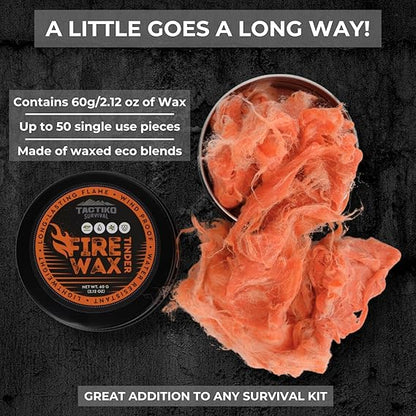 Tactiko Fire Wax - Burns Up to 5 Minutes, 50 Uses, 60g - Perfect for Wet Wood - Compact, Water & Wind Resistant - Camping Gear, Survival Kit, Hikers, Emergency Use - U.S. Company