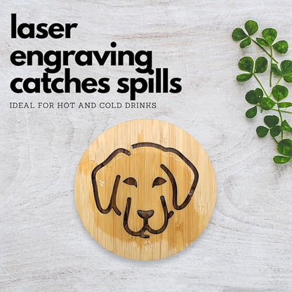 Set of 6 Bamboo Coasters with Holder - 3.9 Inch Fun Dog Coasters - Non-Stick Absorbent Engraved Laser-Cut - Durable, Washable (Labrador)
