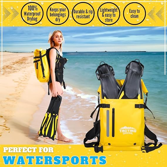 Tactiko Survival 30L Heavy-Duty 100% Waterproof Backpack - Dry Roll-Top Floating Backpack - Rip-Stop Tarpaulin - Comfortable Padded Shoulders & Back - Waist Strap - Large Utility Pocket, Carabiner (Yellow)