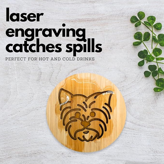 Set of 6 Bamboo Coasters with Holder - 3.9 Inch Fun Dog Coasters - Non-Stick Absorbent Engraved Laser-Cut - Durable, Washable (Yorkie)