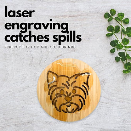 Set of 6 Bamboo Coasters with Holder - 3.9 Inch Fun Dog Coasters - Non-Stick Absorbent Engraved Laser-Cut - Durable, Washable (Yorkie)