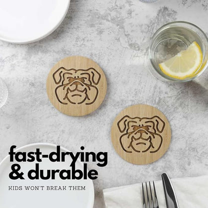 Set of 6 Bamboo Coasters with Holder - 3.9 Inch Fun Dog Coasters - Non-Stick Absorbent Engraved Laser-Cut - Durable, Washable (Bulldog)