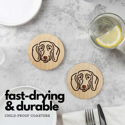 Set of 6 Bamboo Coasters with Holder - 3.9 Inch Fun Dog Coasters - Non-Stick Absorbent Engraved Laser-Cut - Durable, Washable (Dachshund)