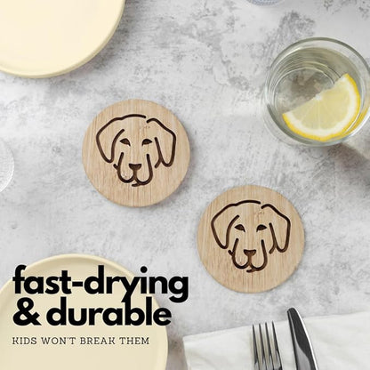 Set of 6 Bamboo Coasters with Holder - 3.9 Inch Fun Dog Coasters - Non-Stick Absorbent Engraved Laser-Cut - Durable, Washable (Labrador)