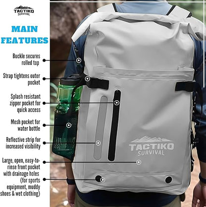 Tactiko Survival 30L Heavy-Duty 100% Waterproof Backpack - Equipment Pocket, Carabiner - Roll Top Floating Dry Bags (Light Gray)
