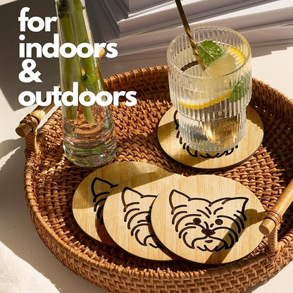 Set of 6 Bamboo Coasters with Holder - 3.9 Inch Fun Dog Coasters - Non-Stick Absorbent Engraved Laser-Cut - Durable, Washable (Yorkie)