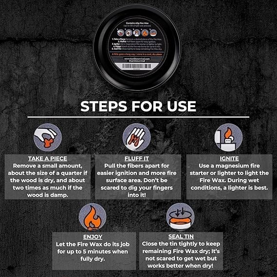 Tactiko Fire Wax - Burns Up to 5 Minutes, 50 Uses, 60g - Perfect for Wet Wood - Compact, Water & Wind Resistant - Camping Gear, Survival Kit, Hikers, Emergency Use - U.S. Company