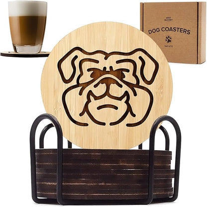 Set of 6 Bamboo Coasters with Holder - 3.9 Inch Fun Dog Coasters - Non-Stick Absorbent Engraved Laser-Cut - Durable, Washable (Bulldog)