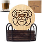 Set of 6 Bamboo Coasters with Holder - 3.9 Inch Fun Dog Coasters - Non-Stick Absorbent Engraved Laser-Cut - Durable, Washable (Bulldog)