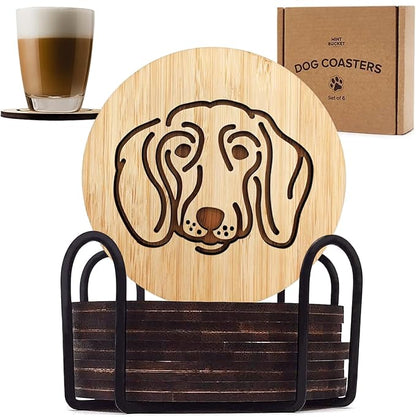 Set of 6 Bamboo Coasters with Holder - 3.9 Inch Fun Dog Coasters - Non-Stick Absorbent Engraved Laser-Cut - Durable, Washable (Dachshund)