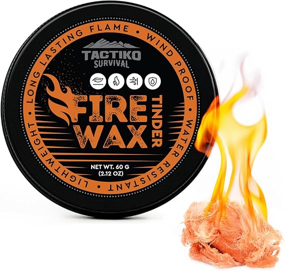 Tactiko Fire Wax - Burns Up to 5 Minutes, 50 Uses, 60g - Perfect for Wet Wood - Compact, Water & Wind Resistant - Camping Gear, Survival Kit, Hikers, Emergency Use - U.S. Company