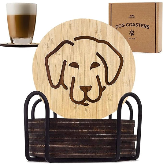 Set of 6 Bamboo Coasters with Holder - 3.9 Inch Fun Dog Coasters - Non-Stick Absorbent Engraved Laser-Cut - Durable, Washable (Labrador)