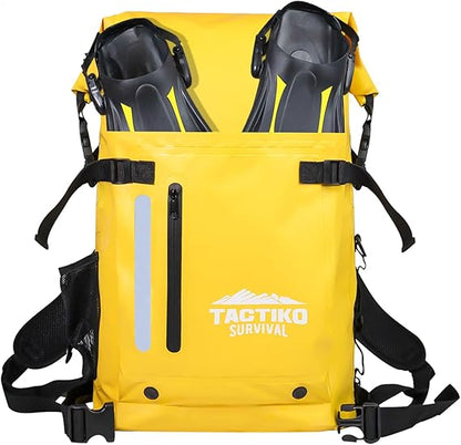 Tactiko Survival 30L Heavy-Duty 100% Waterproof Backpack - Dry Roll-Top Floating Backpack - Rip-Stop Tarpaulin - Comfortable Padded Shoulders & Back - Waist Strap - Large Utility Pocket, Carabiner (Yellow)