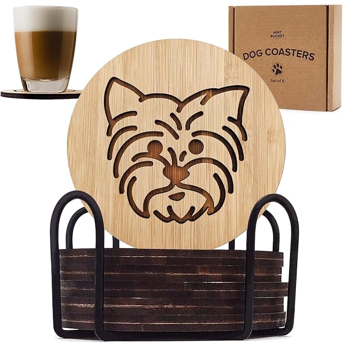 Set of 6 Bamboo Coasters with Holder - 3.9 Inch Fun Dog Coasters - Non-Stick Absorbent Engraved Laser-Cut - Durable, Washable (Yorkie)