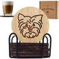Set of 6 Bamboo Coasters with Holder - 3.9 Inch Fun Dog Coasters - Non-Stick Absorbent Engraved Laser-Cut - Durable, Washable (Yorkie)