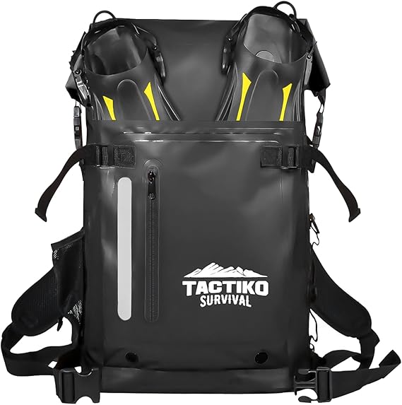 Tactiko Survival 30L Heavy-Duty 100% Waterproof Backpack - Equipment Pocket, Carabiner - Roll Top Floating Dry Bags (Jet Black)