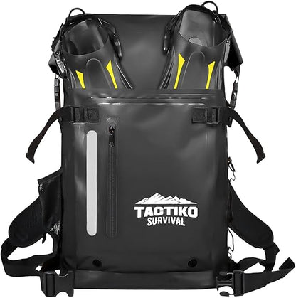 Tactiko Survival 30L Heavy-Duty 100% Waterproof Backpack - Equipment Pocket, Carabiner - Roll Top Floating Dry Bags (Jet Black)
