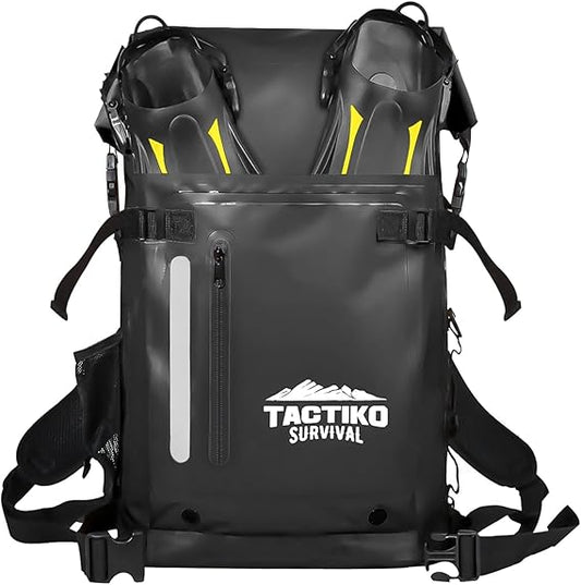 Tactiko Survival 30L Heavy-Duty 100% Waterproof Backpack - Equipment Pocket, Carabiner - Roll Top Floating Dry Bags (Jet Black)