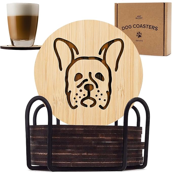 Set of 6 Bamboo Coasters with Holder - 3.9 Inch Fun Dog Coasters - Non-Stick Absorbent Engraved Laser-Cut - Durable, Washable (French Bulldog)