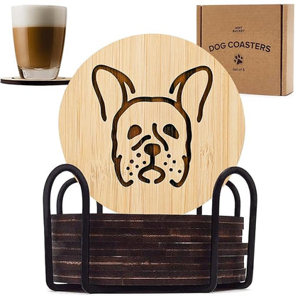 Set of 6 Bamboo Coasters with Holder - 3.9 Inch Fun Dog Coasters - Non-Stick Absorbent Engraved Laser-Cut - Durable, Washable (French Bulldog)