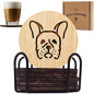 Set of 6 Bamboo Coasters with Holder - 3.9 Inch Fun Dog Coasters - Non-Stick Absorbent Engraved Laser-Cut - Durable, Washable (French Bulldog)