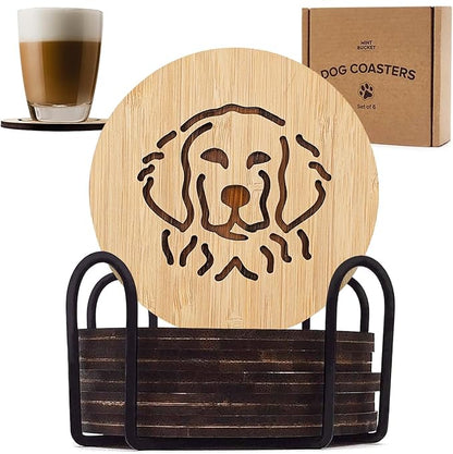 Set of 6 Bamboo Coasters with Holder - 3.9 Inch Fun Dog Coasters - Non-Stick Absorbent Engraved Laser-Cut - Durable, Washable (Retriever)