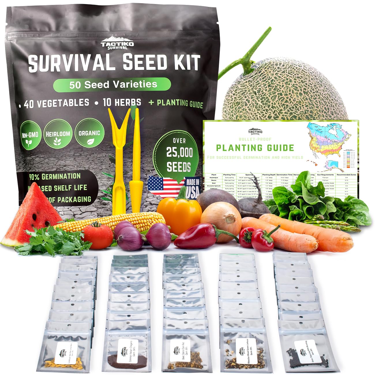 50 Tactiko Survival U.S.A. Harvested Vegetable & Herb Seed Kit - Over 25,000 Non-GMO Heirloom Open-Pollinated Gardening Seeds for Planting Vegetables & Herbs - Long-Term Storage - Waterproof Bag