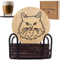 Set of 6 Bamboo Coasters with Holder - 3.9" Fun Cat Coasters - Non-Stick Absorbent Engraved Laser-Cut Coasters with Cat Face - Durable, Washable - Designed in U.S.A. (Persian Cat)