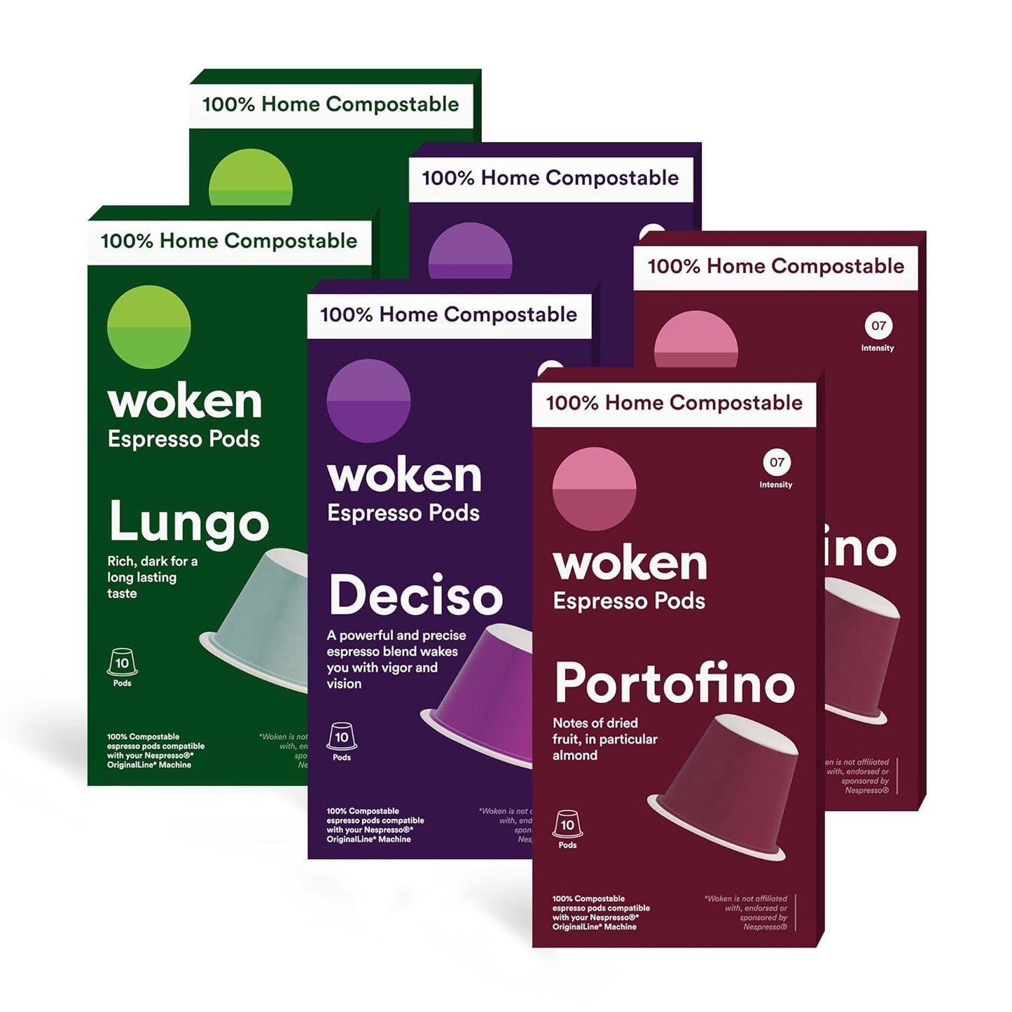 WOKEN COFFEE Compostable Nespresso Pods Variety Pack - Dark and Medium Roast Italian Espresso Coffee Capsules Compatible With Nespresso Coffee Machine (60 Pod Count, 6 Boxes)