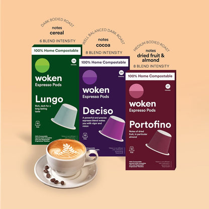 WOKEN COFFEE Compostable Nespresso Pods Variety Pack - Dark and Medium Roast Italian Espresso Coffee Capsules Compatible With Nespresso Coffee Machine (60 Pod Count, 6 Boxes)