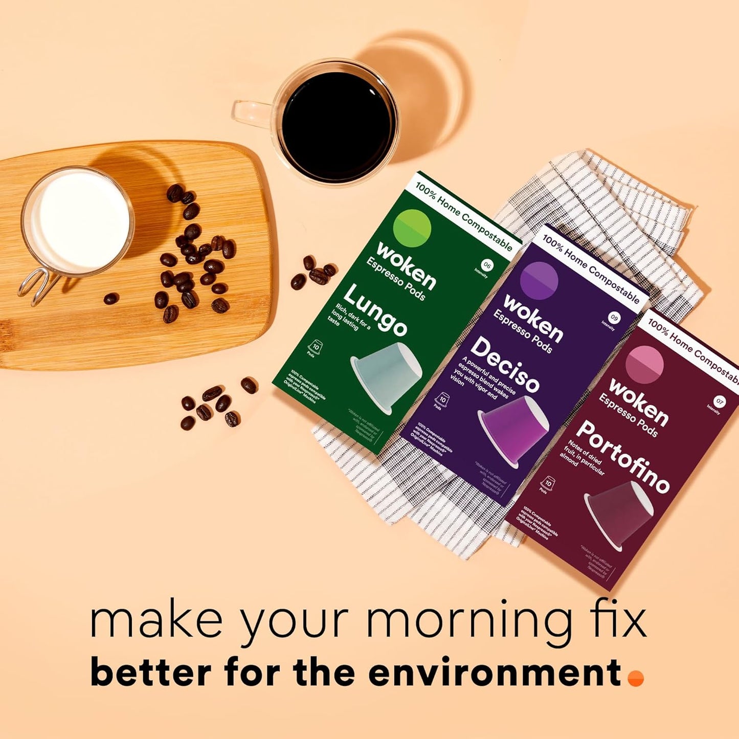 WOKEN COFFEE Compostable Nespresso Pods Variety Pack - Dark and Medium Roast Italian Espresso Coffee Capsules Compatible With Nespresso Coffee Machine (60 Pod Count, 6 Boxes)