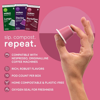 WOKEN COFFEE Compostable Nespresso Pods Variety Pack - Dark and Medium Roast Italian Espresso Coffee Capsules Compatible With Nespresso Coffee Machine (60 Pod Count, 6 Boxes)