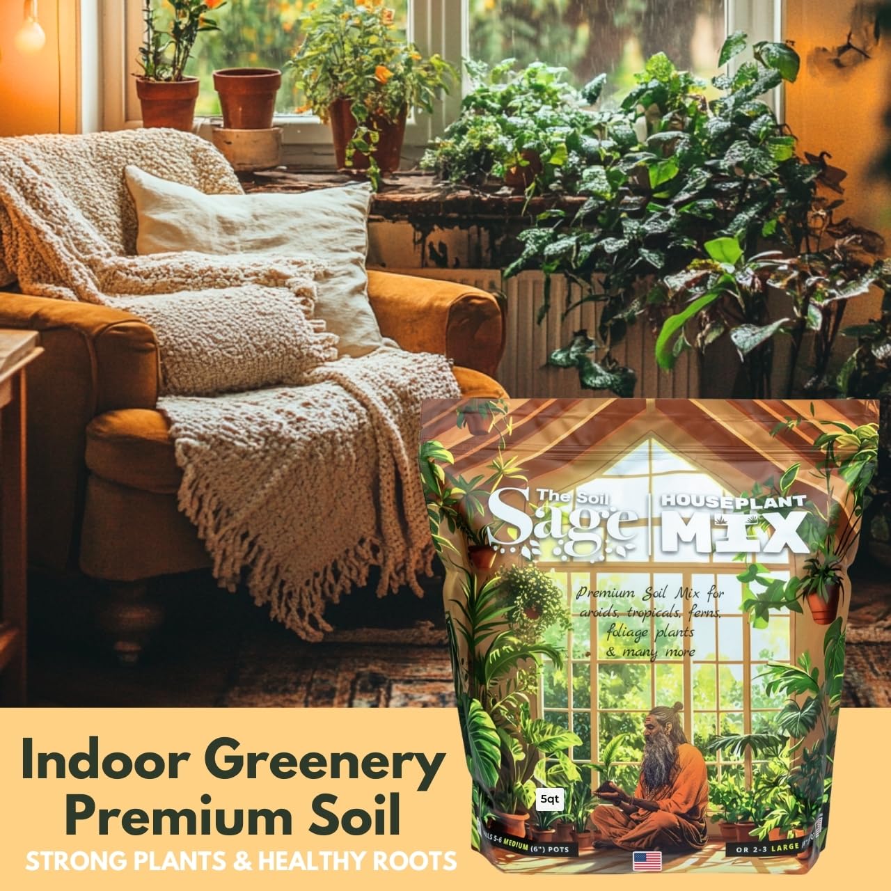 Soil Sage Houseplant Soil - Well-Draining Potting Mix for Indoor Plants - Coconut Coir, Composted Bark, Pumice & Mycorrhizae for Strong Roots & Growth - Made in U.S.A.