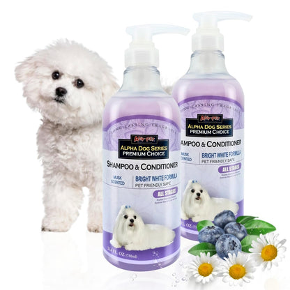 Alpha Dog Series Bright White Natural Whitening Dog Shampoo and Conditioner for Dogs with Aloe Vera, pH Balanced Dog Shampoo and Conditioner Set, Tear-Free for Sensitive Skin 26.4 Oz (Pack of 2)